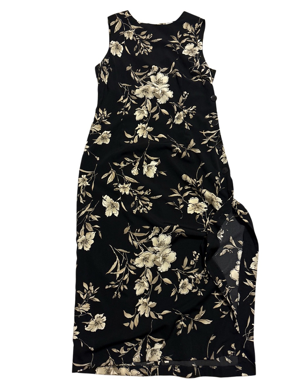 Vintage Black Floral Sleeveless Midi Dress with Cream Blooms